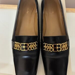 kate spade Black Leather Loafers with Gold Chain Accent